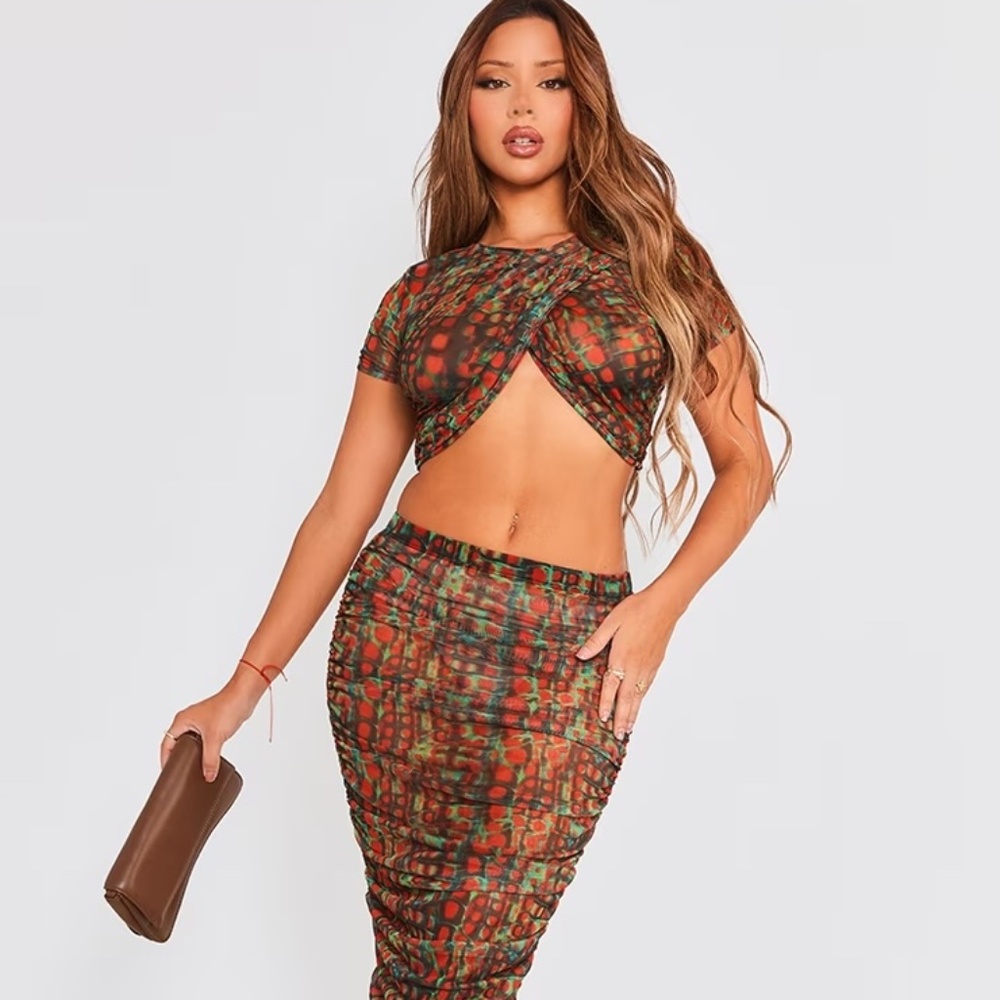 Vibrant Sheer Mesh Ruched Midi Skirt SET (Small)